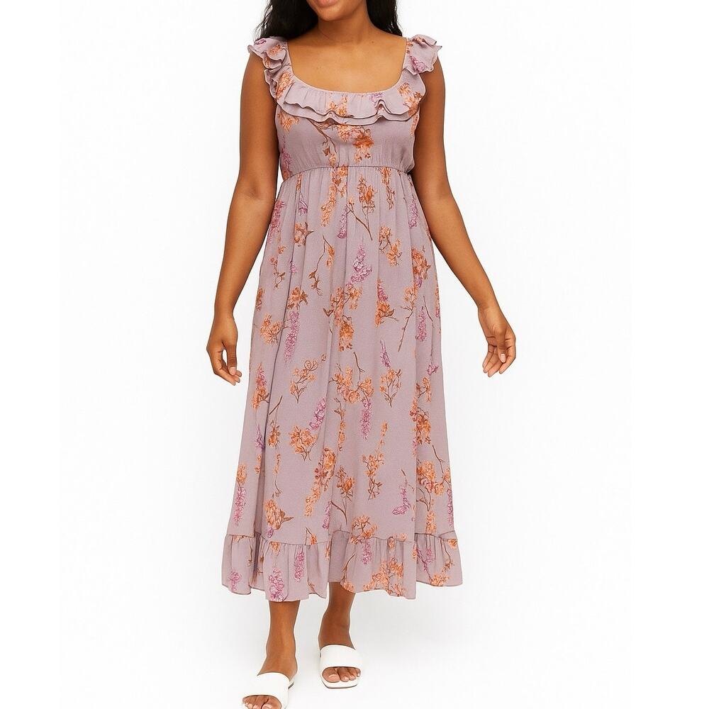 Ruffle Neck Chiffon Midi Dress M Cottage Coquette‎ Brunch Summer Wedding Guest